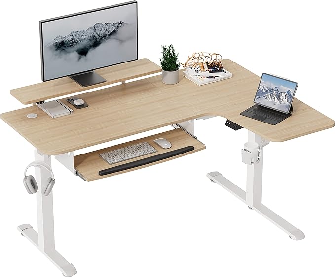 EUREKA ERGONOMIC Standing Desk Adjustable Height 61" Electric Sit Stand Computer Desk L Shaped with Keyboard Tray,Monitor Stand &LED, Dual Motor Memory Presets Sit to Desk Adjustable Desk, Right/Maple - LeafyLoom