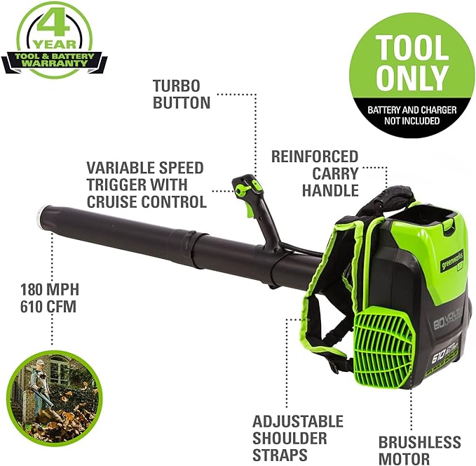 Greenworks 80V (180 MPH / 610 CFM / 75+ Compatible Tools) Cordless Brushless Backpack Blower, Tool Only - LeafyLoom