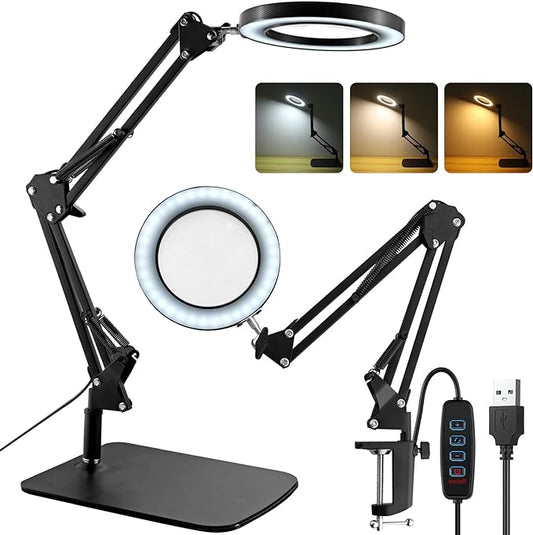 8X Magnifying Glass with Light and Stand, 2-in-1 Lighted Magnifier with Clamp,3 Color Modes Dimmable 10 Brightness Levels LED Desk Magnifying Lamp Hands Free for Crafts Hobby Reading Close Work - LeafyLoom