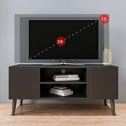 Yusong Retro TV Stand for 55 Inch TV, Entertainment Centers for Living Room Bedroom, Wood TV Bench Table TV Console TV Cabinet with 2 Storage Cabinets and Open Shelves, Black - LeafyLoom