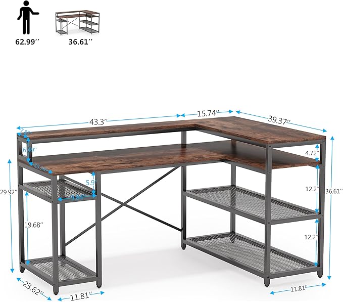 Tribesigns L Shaped Desk with Storage and Monitor Stand, Industrial Home Office Computer Desk with Storage Shelves, 59 Inch Corner Desk with Monitor Shelf(Brown) - LeafyLoom