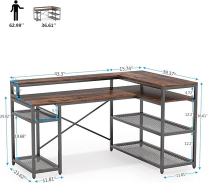 Tribesigns L Shaped Desk with Storage and Monitor Stand, Industrial Home Office Computer Desk with Storage Shelves, 59 Inch Corner Desk with Monitor Shelf(Brown) - LeafyLoom