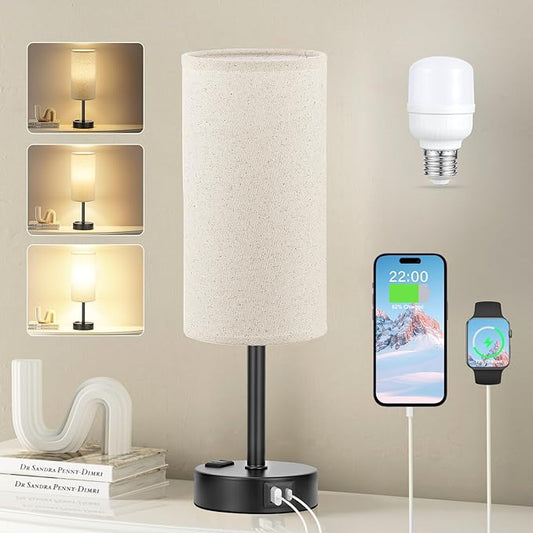 Beige Touch Table Lamp for Bedroom - 3 Way Dimmable Bedside Lamp USB C Charging Ports and AC Outlet, Small Lamp with Fabric Shade Black Base for Living Room, Office Desk, LED Bulb Included - LeafyLoom