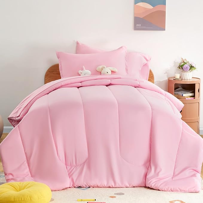 SLEEP ZONE Kids Bedding Comforter Set Full/Queen Size - Super Cute & Soft Kids Bedding 7 Pieces Set with Comforter, Sheet, Pillowcase & Sham (Ballet Pink Color) - LeafyLoom