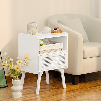 Lerliuo Rattan Nightstands set of 2 with Charging Station, Side Table with Drawer Open Shelf, Cane Accent Bedside End Table with Solid Wood Legs, Night Stand for Bedroom, Dorm and Small Spaces (White) - LeafyLoom