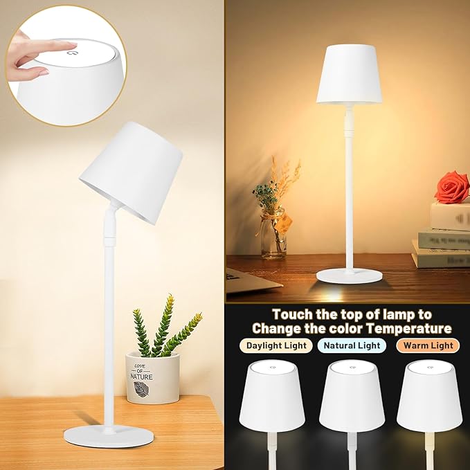 Cordless Table Lamp,Portable LED Desk Lamp, Battery Operated, 3 Color Stepless Dimming Up, for Restaurant/Bedroom/Bars/Outdoor Party/Camping/Coffee Shop Night Light。 (White) - LeafyLoom