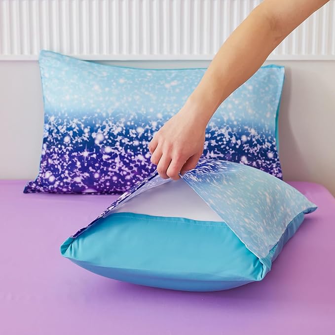 PERFEMET 6Pcs Full Size Comforter Sets for Girls Blue Purple Ombre Rainbow Kids Bedding Set Colorful Tie Dye Glitter Teen Girls Bedroom Decor Bed in A Bag - LeafyLoom