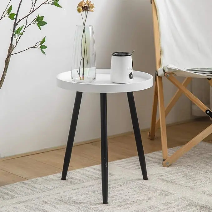 Round Side Table Wooden Tray Table with Metal Tripod Stand Nightstand Coffee Table End Table for Living Room Bedroom Office Small Spaces, 18" H x 15" D (White & Black) - LeafyLoom