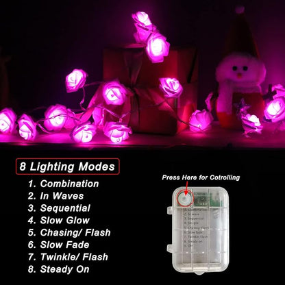 30 LED Pink Lights Valentines Day Decorations, Valentines Day Gifts 10.3Ft 8 Modes Rose Lights String Battery Operated with Remote Flower Lights for Bedroom Wedding Party Mothers Day Christmas Decor - LeafyLoom