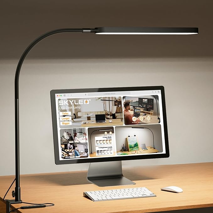 SKYLEO Desk Lamp - Desk Light for 33.5" Tall - Flexible Gooseneck - 5 Color Modes X 11 Brightness Levels - 1300LM - Timmer & Memory Function - 12W Clip on Light - Black - LeafyLoom