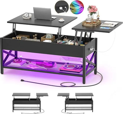 Aheaplus Black Lift-Top Coffee Table with LED Light, Power Outlets and Storage Shelf, 41.7"W x 19.69"L x 19.7"H - LeafyLoom