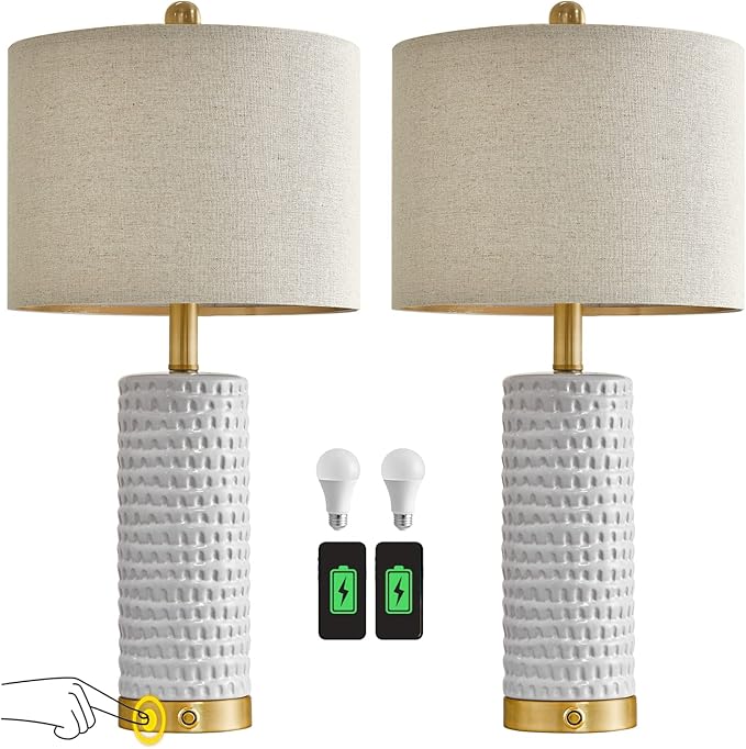 PORTRES 24" Farmhouse 3-Way Dimmable Touch Ceramic Table Lamp Set of 2 for Bedroom White Bedside Lamps with USB A+C Charging Ports for Living room Nightstand Lamp End Table lamps - LeafyLoom