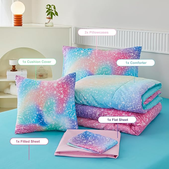 PERFEMET Rainbow Queen Girls Bedding Set, 6 Pieces Glitter Pink Green Comforter for Queen Size Bed, Colorful Tie Dye Ombre Teen Girls Bed in A Bag Comforter Set with Sheets - LeafyLoom