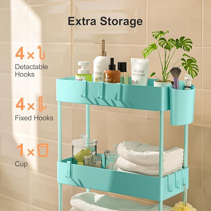 Pipishell Slim Storage Cart with Wheels, 4 Tier Bathroom Storage Organizer Rolling Utility Cart for Bathroom Kitchen Laundry Room Office Narrow Place (Turquoise) - LeafyLoom