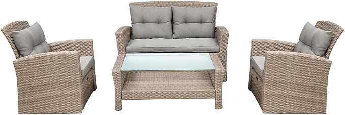 4-Piece Outdoor Patio Furniture Sets, All Weather Wicker Sectional Sofa Loveseat with Ottoman, Soft Cushions&Glass Table w/Shelf, Conversation Couch for Garden Backyard Poolside Deck, Gray - LeafyLoom