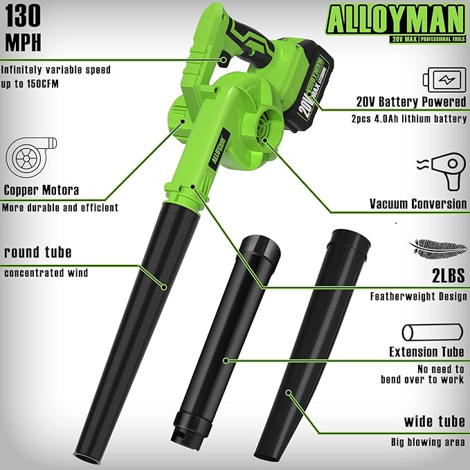 Alloyman Leaf Blower, 20V Cordless Leaf Blower, with 2 X 4.0Ah Battery & Charger, 2-in-1 Electric Leaf Blower & Vacuum for Yard Cleaning/Snow Blowing. Green - LeafyLoom