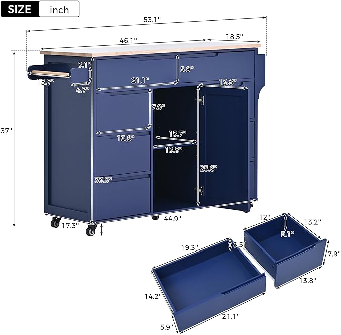 Kitchen Island with Storage, Rolling Table on Wheels w/Handle-Free Drawers Including a Flatware Organizer for Dinning Room, Rubber Wood Contertop - LeafyLoom