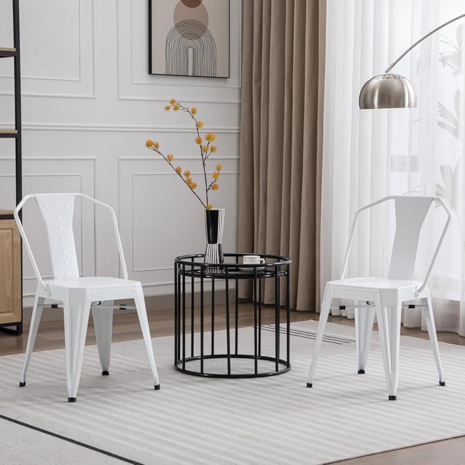 Modern Dining Chair Set of 4, Stackable Metal Chairs, Waterproof Counter Bar Chairs with High Backrest, Quick Assembly Cafe Chairs, Tolix Style for Home, Kitchen and Bar Use, White - LeafyLoom