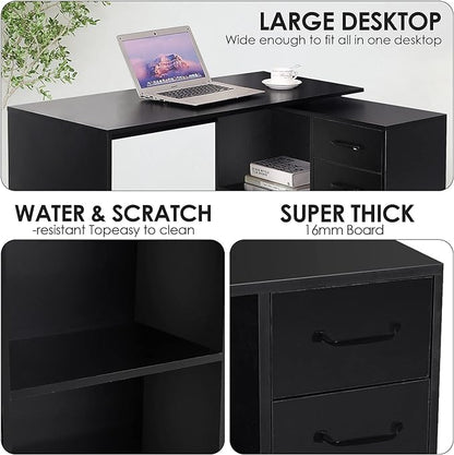 L-Shaped Rotating Computer Desk with Storage Shelves 68 inch Home Office Desk Corner with Drawers and File Cabinet Multipurpose Study Writing Table for Bedroom Small Space Black - LeafyLoom