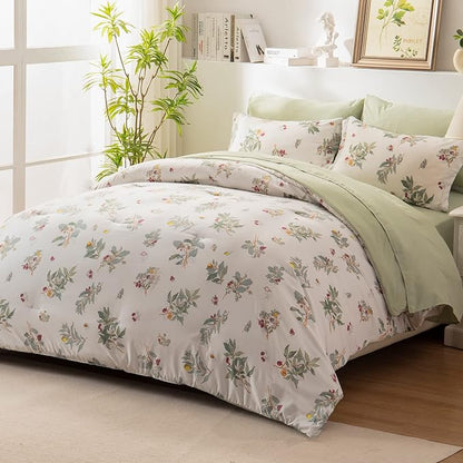 EMME Queen Comforter Set - Sage Green Floral Bedding Set 7 PCS with Flowers Leaves Pattern, Soft Plant Printed Botanical Bed Set with Sheets, Fluffy Bed Bag for All Season(90"X90") - LeafyLoom