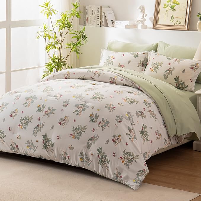 EMME Botanical Sage Green Comforter Set King Size 7 Pieces＿Brushed Microfiber Bed in a Bag for Girls, Ultra Soft Bedding Set with Sheets (Sage Green, King (7 Piece), Adult - LeafyLoom