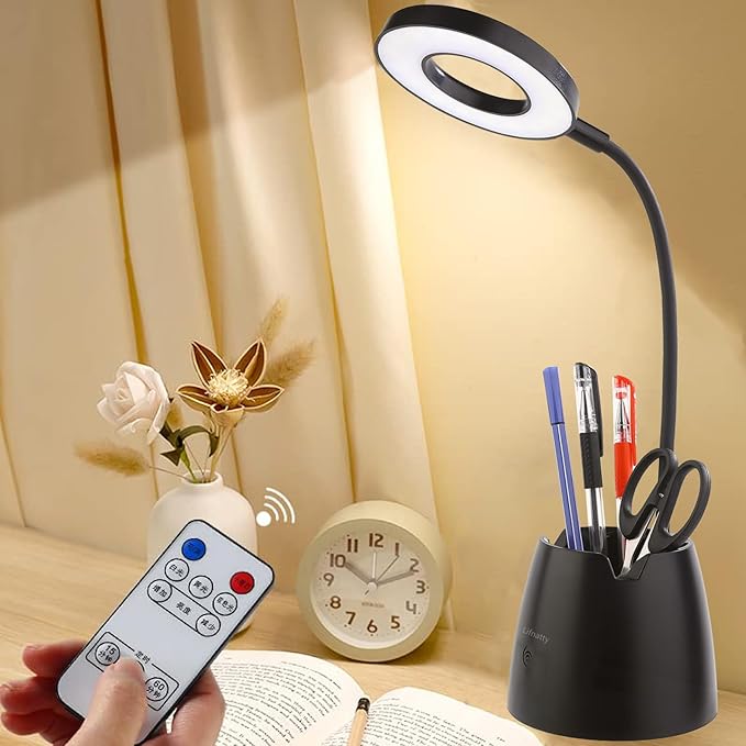 Desk Lamp, Desk Lamps for Home Office, Touchable, Remote Controlled, Dimmable, 3 Color Modes, Gooseneck, Black Table Light for Bedrooms, Led Desk Light, Small Office Lamp, Dorm Room Essentials - LeafyLoom