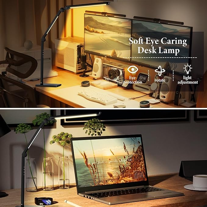 LED Desk Lamp with USB Charging Ports,Creative Touch Reading Light, with Memory Dual Light and Adjustable Swing Arm,15W 4 CCT Eye-Care Modes & 4 Brightness Levels Table Lamp for Home Office-Black - LeafyLoom