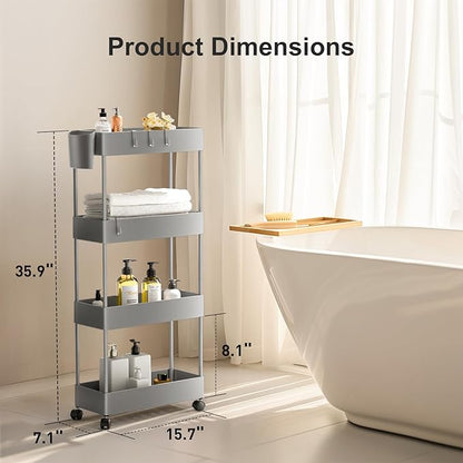 Pipishell Slim Storage Cart with Wheels, 4 Tier Bathroom Storage Organizer Rolling Utility Cart for Bathroom Kitchen Laundry Room Office Narrow Place (Gray) - LeafyLoom