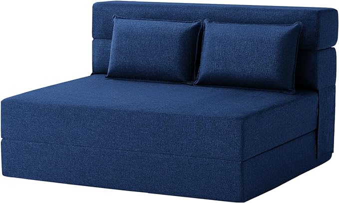 Convertible Folding Sofa Bed - Sleeper Chair with Pillow, Modern Linen Fabric Floor & Futon Couch, Foldable Mattress for Living Room/Dorm/Guest Use/Home Office/Apartment, Full Size, Navy Blue - LeafyLoom