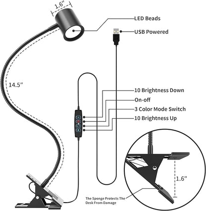 Dott Arts Desk Lamp,USB Clip On Light with 3 Color Modes,LED 10 Levels Brightness Reading Light, 360°Gooseneck Book Light,Eye-Care Reading Lamp for Home Office,Headboards.Adapter included - LeafyLoom