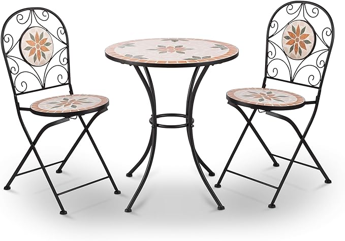 Alpine Corporation Indoor/Outdoor 3-Piece Mosaic Bistro Set Folding Table and Chairs Patio Seating, Tan - LeafyLoom