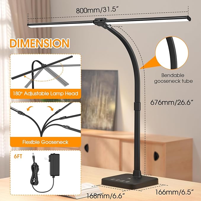 ShineTech LED Desk Lamp for Home Office, 24W Double Head Desk Light with Wireless Charging, USB Port, 25 Lighting Modes Adjustable Gooseneck Lamps - LeafyLoom