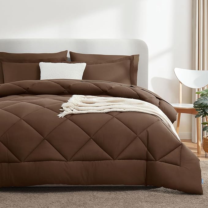 CozyLux Full Comforter Set with Sheets 7 Pieces Bed in a Bag Brown All Season Bedding Sets with Comforter, Pillow Shams, Flat Sheet, Fitted Sheet and Pillowcases - LeafyLoom