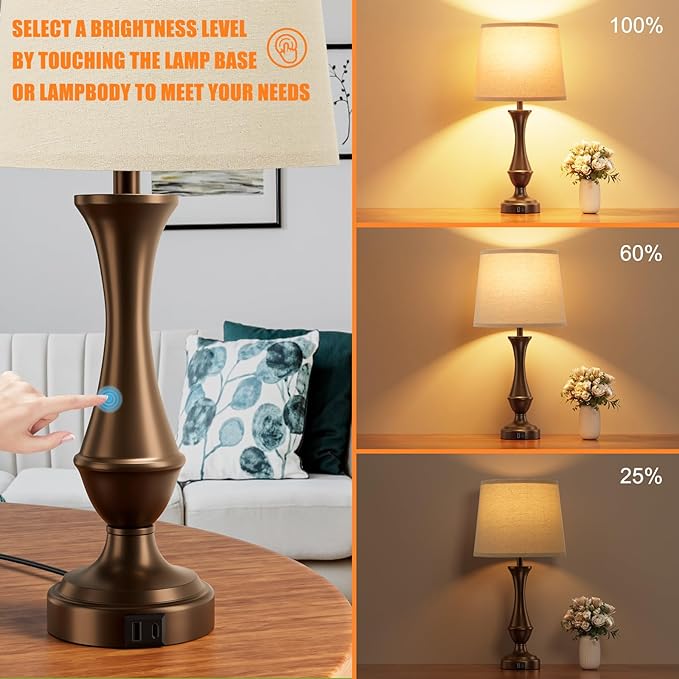 Touch Lamps for Bedrooms Set of 2 - Nightstand Table Lamp with USB C+A, 3 Way Dimmable Bedside Lamps for Living Room End Tables Set of 2, Farmhouse Night Stand Lamps for Bed Side Guest Room(Brown) - LeafyLoom