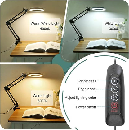 10X Magnifying Glass with Light, Krstlv Real Glass Lens Desk Lamp & Clamp, 3 Color Modes Stepless Dimmable, Hands Free LED Lighted Magnifier with Light and Stand for Reading Crafts Repair Close Works - LeafyLoom