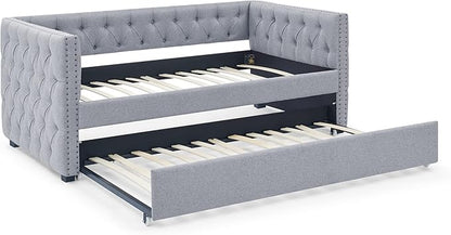 RITSU Double Daybed with Casters, Upholstered Tufted Pull-Out Sofa Bed, Fabric Solid Wood Structure, Square Arms w/Buttons and Copper Nails Accent, Suitable for Bedroom, Apartment, 85.00, Grey-1 - LeafyLoom