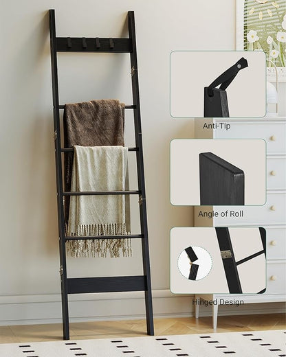 Blanket Ladder Shelf for Living Room, Decorative Wood Quilt Rack with 4 Removable Hooks, 6-Tier Farmhouse Ladder Holder Organizer for Bedroom, Black BR31504B - LeafyLoom