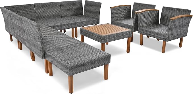 Merax Outdoor Patio Furniture Sets, Free Combination Wicker Sofa, 9-Piece, Rattan w/Wood Tabletop & Legs, Beige - LeafyLoom