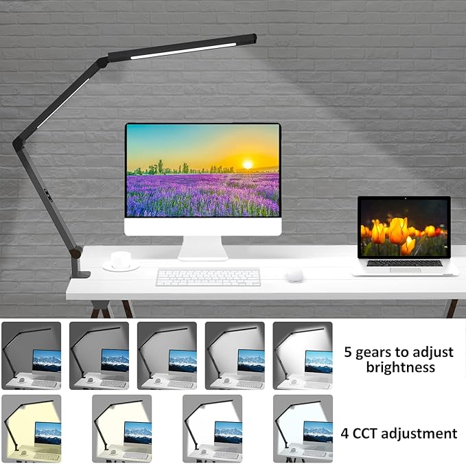 LED Desk Lamp with Clamp, Architect Desk Lamp for Home Office with Remote Control, Swing Arm Clamp on Desk Light, Clip-on Eye-Care Adjustable 5 Brightness Levels Table Light for Working Drafting - LeafyLoom