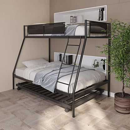 Twin over Full Metal Bunk Bed with Trundle,Sturdy-Metal Bed-Frame,Noise-Free Wood Slats,Comfortable Textilene Guardrail,Space-saving Trundle,Bunk-Bed for Three,No Box Spring Needed,Black - LeafyLoom