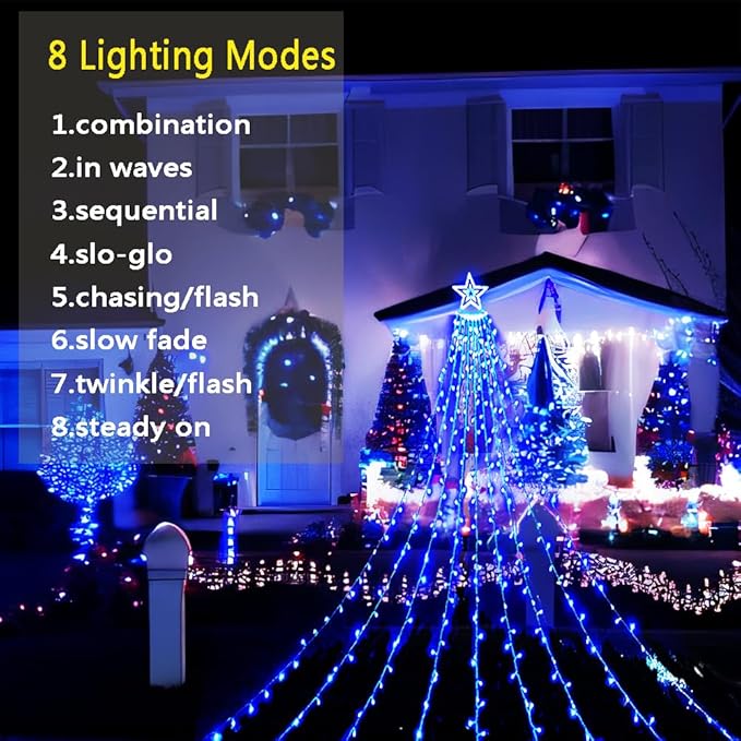 Aokudoni Christmas Lights Outdoor, 12.6FT 350 LED Blue Waterfall Lights Christmas Decorations, 8 Modes Christmas Lights for Tree, Outside Christmas Decorations for Yard Garden Patio Wall Porch Aokudoni