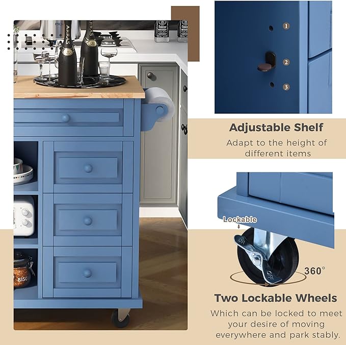 Island with Storage Cabinets, Rolling Mobile Kitchen-cart with Rubber Wood Desktop and 5 Drawers & Open Shelves, Sideboard for Dining Room, Home Bar, Blue, 52.8 Inch - LeafyLoom