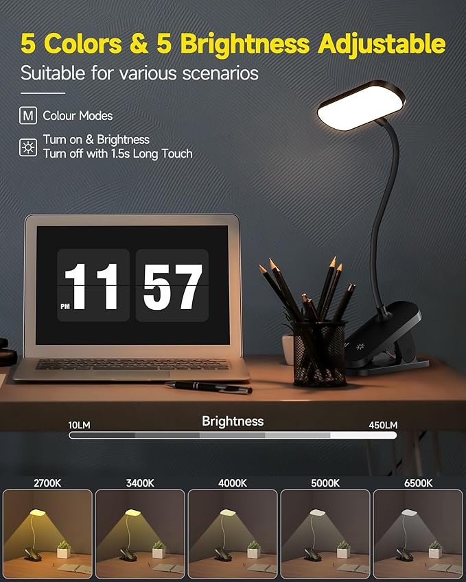 CUHIOY Desk Lamp Clip on Reading Light, USB-C Battery-Operated Rechargeable Table Lamps with Clamp for Dorm Home Office, 38LEDs Bed Headboard Light, 5 Colors 5 Brightness, Flexible Gooseneck（Black） - LeafyLoom