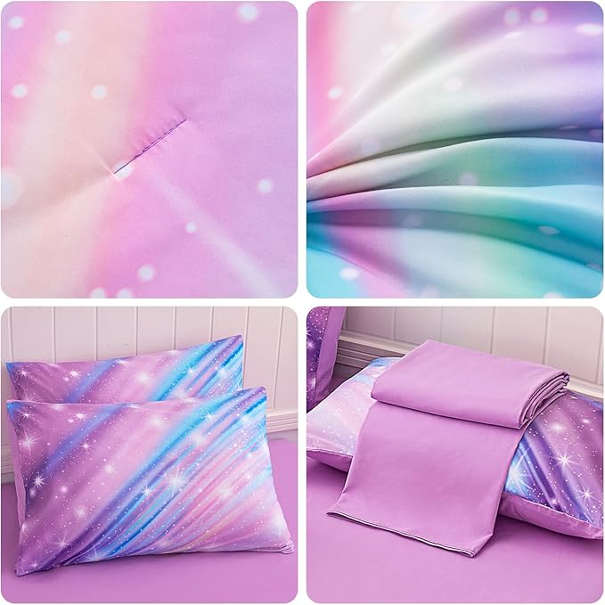 Full Size Bedding Sets Kids Bedding Sets for Girls,Galaxy Bedding 7pieces Glitter Pink Comforter Colorful Comforter Full Size Comforter Sets for Teen Girls(Twill Rainbow) - LeafyLoom