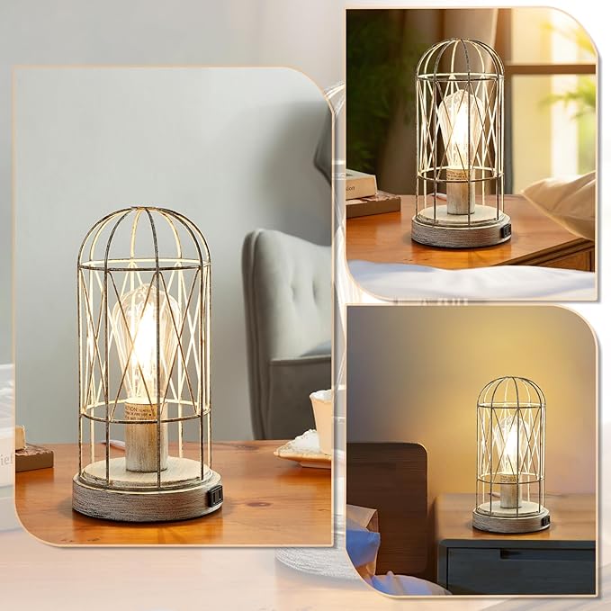 Bedside Table Lamp,3 Way Dimmable Touch Control Industrial Table Lamps Vintage Table Lamp with AC Outlet Small Nightstand Lamp Set of 2 for Living Room Bedroom Farmhouse, Bulb Included - LeafyLoom