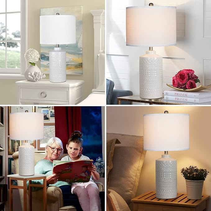 24.5" White Ceramic Table Lamp: 3-Way Dimmable Nightstand Lamp with White Linen Shade | Office Reading Lamp Bedside Lamp White Lamp for Bedrooms & Living Room (Bulb Included) - LeafyLoom