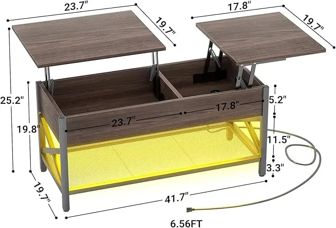 Aheaplus Coffee Table, Lift Top Coffee Table with LED light and Power Outlet, Modern Lift-Top Table with Storage Shelf, Center Table for Living Room with Lift Tabletop, X Support Metal Frame, Espresso - LeafyLoom