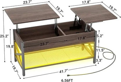 Aheaplus Coffee Table, Lift Top Coffee Table with LED light and Power Outlet, Modern Lift-Top Table with Storage Shelf, Center Table for Living Room with Lift Tabletop, X Support Metal Frame, Espresso - LeafyLoom