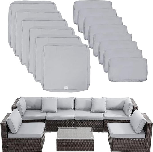 ClawsCover 14Pack Outdoor Patio Seat and Back Cushions Replacement Covers Fit for 7Pieces 6-Seater Wicker Rattan Sectional Couch Chair Furniture Set,Gray-Include Cover Only (Small) - LeafyLoom