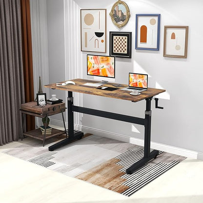 Manual Standing Desk Adjustable Height- Crank Mobile Standing Desk 48 x 24 Inches Sit Stand Desk Frame & Top, Stand Up Desk on Wheels, Computer Desk Black Frame & Rustic Brown - LeafyLoom